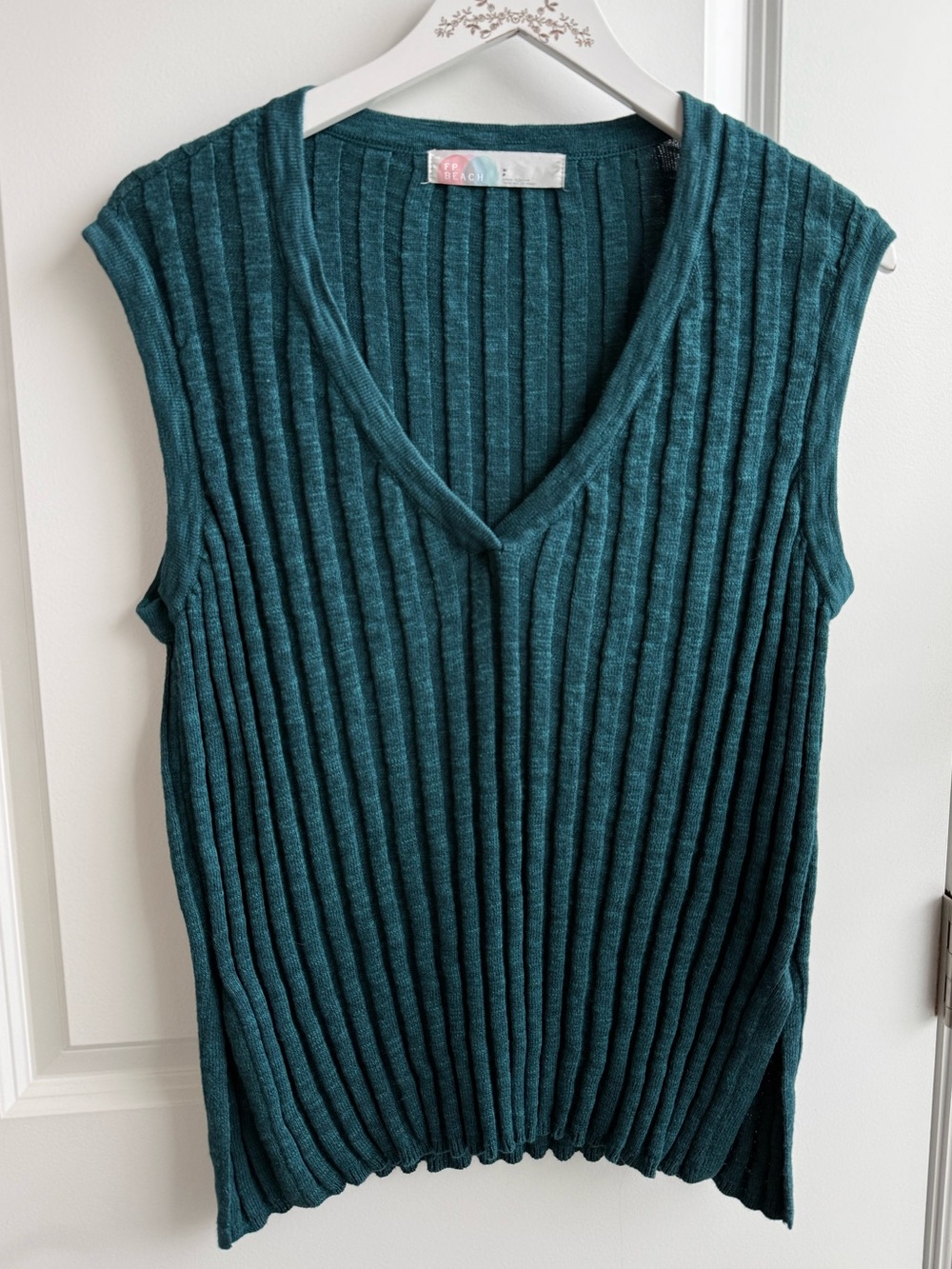 Free People FP Beach Ribbed Teal Green Sweater Vest Academia Preppy Small Boho